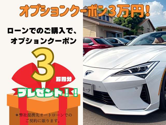 オートローンのご契約で、オプションクーポン3万円分プレゼント中！！（＊弊社提携先ローン会社でご契約いただいた場合に限ります。）