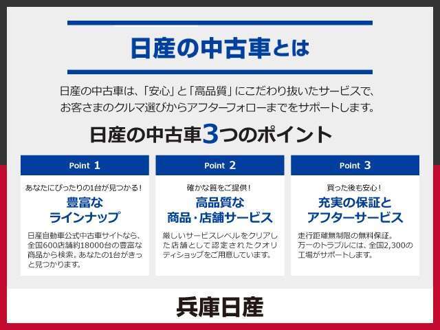 【保証・納車1ヵ月無料点検】日産ワイド保証が付いて全国2300店舗の日産販売店で保証修理が可能ですし納車1ヶ月後無料の点検を実施していますので安心してお使いいただけます♪♪