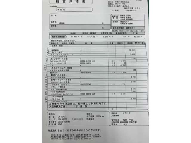 エンジンオイル、オイルフィルター交換、ブレーキオイル交換、各ブレーキ清掃、各ワイパーゴム交換