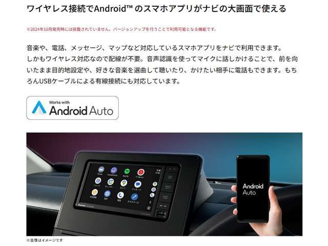 Android　Auto対応。音楽や、電話、メッセージ、マップなど対応しているスマホアプリをナビで利用できます。しかもワイヤレス対応なので配線が不要。