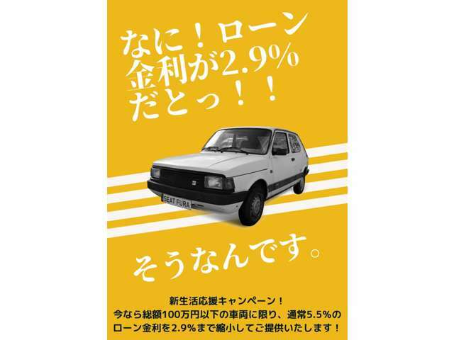 総額100万円以下の車両に限り、新生活応援キャンペーンとしまして特別低金利2.9％でカーローンをご利用いただけます！この機会に是非お申し込みくださいませ！