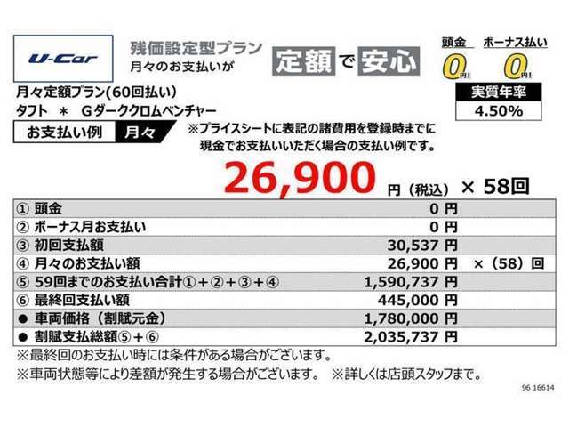 当社おすすめのお支払いプラン（残価設定型プラン）詳しくは営業スタッフまでお尋ねください