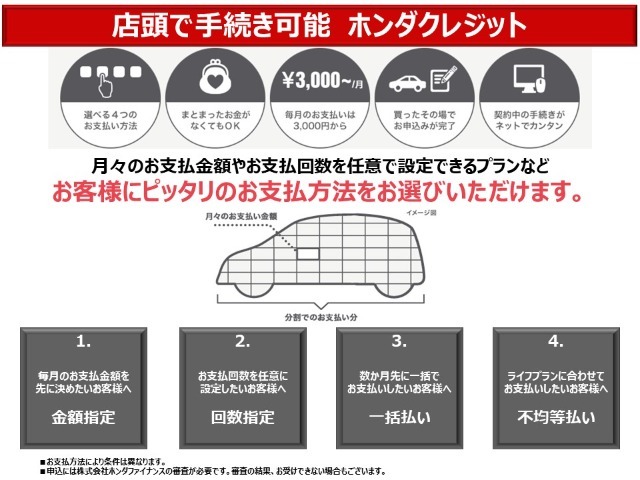 当分割払いをご希望の方には当店扱いの『ホンダファイナンス』が便利です。通常クレジットでは4つのプランからお客様のご希望に合わせて選択が可能です。