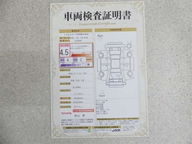 車両検査証明書付きです！だれでも中古車の状態がすぐにわかるよう、車のプロが客観的にチェック。車両の状態やわずかなキズも正確にお伝えします。