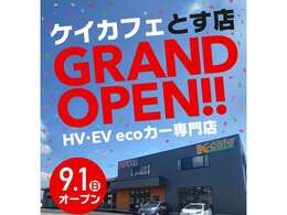 ケイカフェとす店　2024年9月1日（日）10：00よりグランドオープン致します。人気のハイブリッド・EV・PHV・水素などあらゆるエコカーを展示しております。ぜひ店頭にてご覧くださいませ。