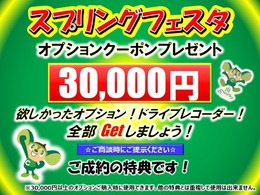 オプションクーポンプレゼント！ご成約のお客様へ30.000円のクーポンプレゼント！ガラスコーティング・ドラレコ全部GETしましょう♪