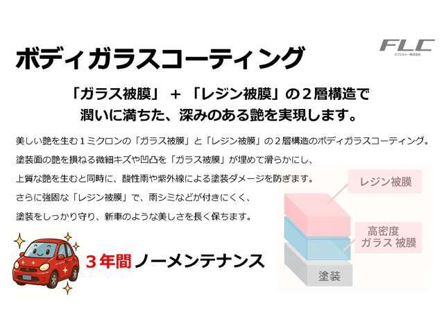 『ダイヤモンド Keeper』を施工させていただきます。美しい光沢を生み出すと同時に、酸性雨や紫外線などから塗装をしっかりと保護するボディガラスコーティング加工です。