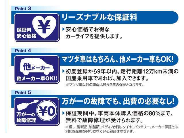 リーズナブルな保証料に、マツダ車以外の他メーカーもOK！※対象条件がございます。