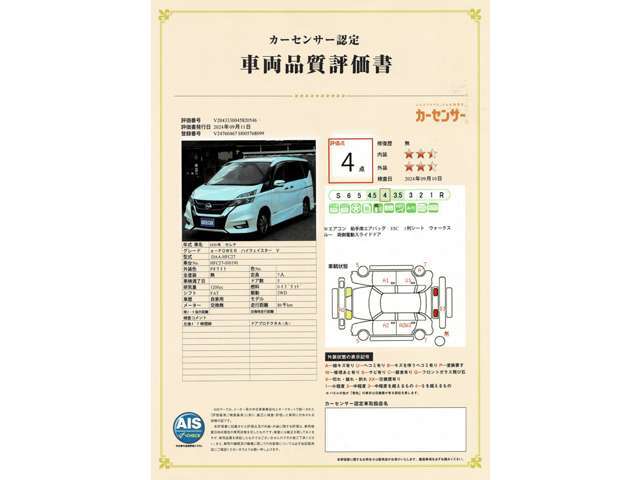 カーセンサー車輌品質評価証です。