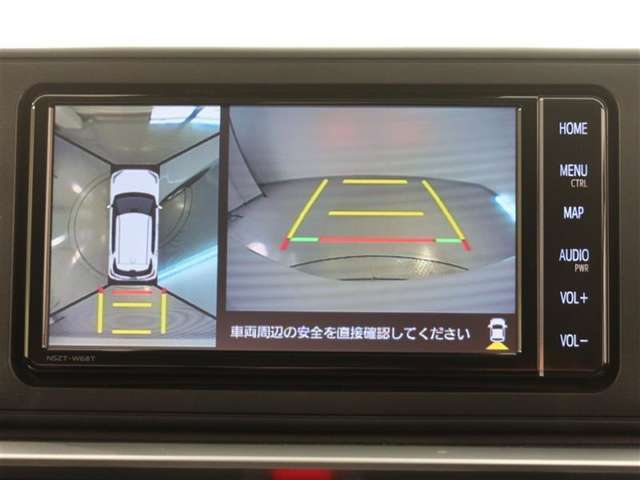 パノラミックビューモニター付きです。車両を上から見たような映像をモニター画面に表示。運転席からの目視では見にくい、車両周辺の状況をリアルタイムでしっかり確認できます。