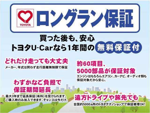 基本保証プラス2年　合計3年間の保証が付いたプラン。走行距離無制限。保証部品はボデー内・外装部品、消耗部品、油脂類を除く自動車を構成する部品。（※お客様のご都合で、納車後に装着・仮装された部品は除く）