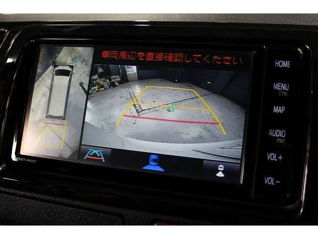 パノラミックビューモニター（全方位運転支援カメラ）装備です。画像は全体と後方の画像です。