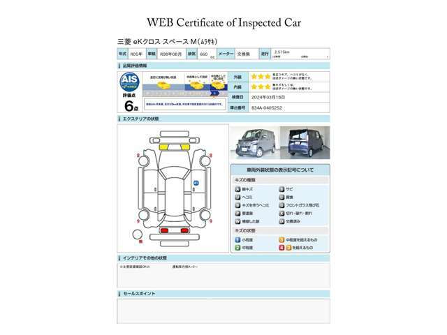 第三者評価機関「AIS社」の車両検査済み！総合評価6点（評価点はAISによるS～Rの評価で令和6年3月現在のものです）☆