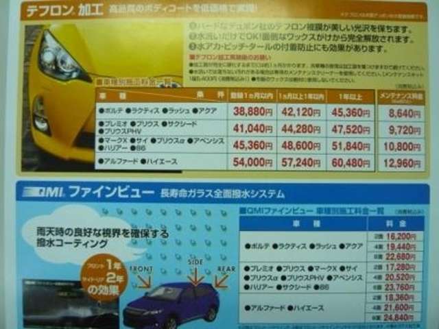 大事に長くお乗りいただきたい・・・ご購入時にテフロンコーティングやグラスシーラントなどいかがですか？汚れも付きにくく、洗車も楽になる当店の一押しです！詳しくはスタッフまでお尋ねください。