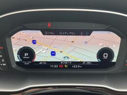 【Audi　バーチャルコックピット】液晶フルデジタルディスプレイにスピードメーター、タコメーター、マップ表示、メディア情報などフレキシブルに表示させるバーチャルコックピットを装備。