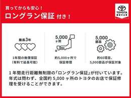 納車日から1年間・距離無制限のロングラン保証付です！お住まいの近隣のトヨタ販売店をはじめ、全国約5000店のトヨタディーラーで有効です。また、有料にて最長＋2年まで延長可能です。（合計3年まで可能）