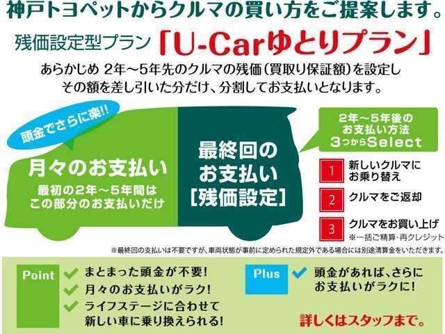 神戸トヨペットから中古車のカシコイ買い方！！残価設定型割賦「U-Carゆとりプラン」対象車！高年式中古車もお求めやすくなりました。月々のお支払いもラクラクです！今なら特別金利を設定しております。