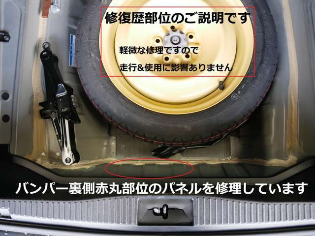 修復歴部位のご説明です。写真赤丸部部バンパー奥のパネル部分を修理した為、修復歴となります。かなり過去の修理で修理後も普通に使用されていました。当社でもチェックを行い問題ない事を確認済み！！