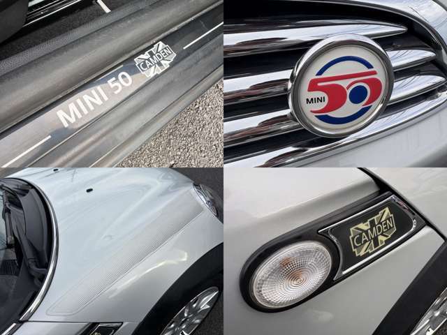 MINI50周年を記念して設定された特別仕様車のカムデン♪専用17AWや専用クロスレザーシートインテリアなどのほかにも専用ストライプやサイドスカットルにロゴ入りサイドマーカーやエンブレムなど装備で特別感が◎♪
