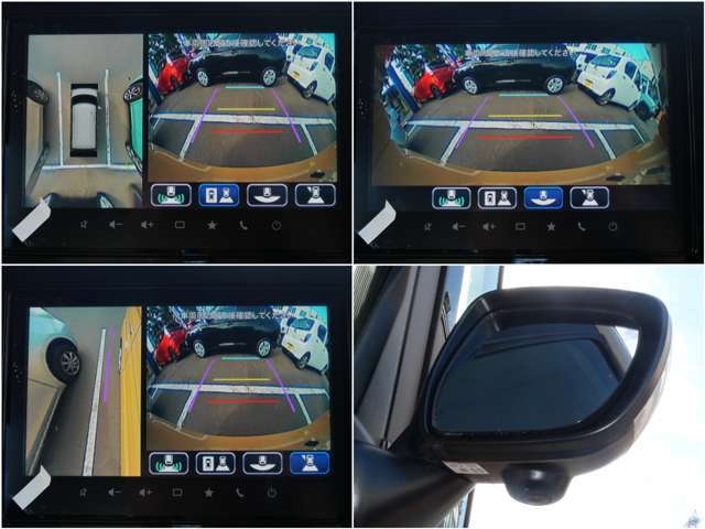 車の前後左右4カ所にカメラを設置しクルマを真上から見たような映像を大型モニターに映し出し前後の間隔がつかみにくい縦列駐車や左右の見通しが悪い場所からの発進時など運転席からは見えにくい視界を補います。