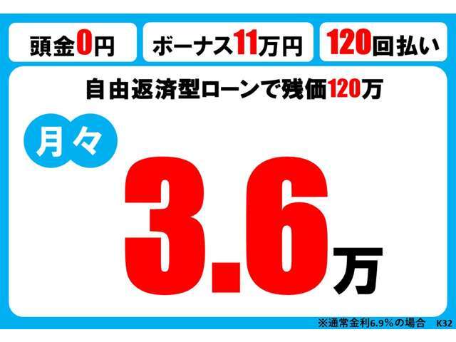 お得に乗り出せるお支払いプランをご提案しております！こちらは金利6.9％でのお支払いプランです。低金利でのご利用プランもご提案しております！