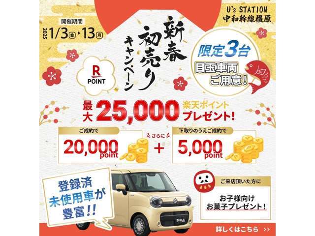 新春初売り！！大好評の為、成約を頂きましたお客様へ感謝を込め20，000ポイント！！また更に！！弊社へ下取り入庫頂きましたら5，000ポイント追加の25，000ポイントプレゼント！