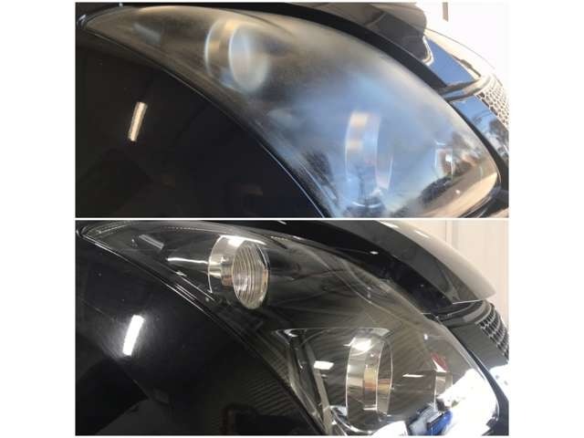 上が施工前、下が施工後。くすんでいたヘッドライトが見事に透明感全開の状態に復活いたしました！これはやるしかないでしょ（笑）