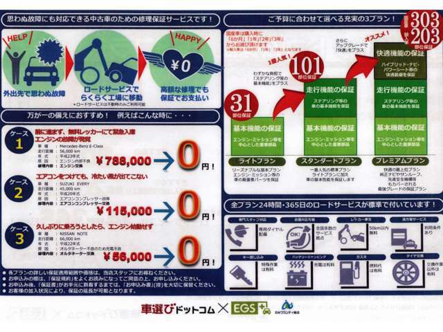 ★走行距離無制限★24時間365日ロードサービス対応★全国の整備工場対応★もしもの時も安心の自動車保証を無料でお付け致します♪有償にはなりますが更に保証を手厚くしたり、3年まで延長することも可能です。