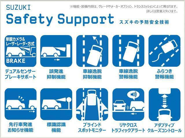 毎日の安心と、クルマの楽しさを支える。スズキの予防安全技術を搭載！！※機能についての詳細はスタッフまで。