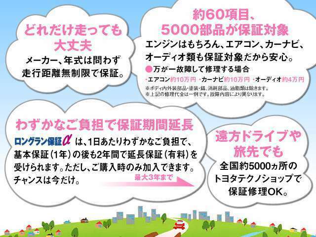 全国5000ヵ所のトヨタディーラーで保証修理が可能なので遠方へのお出かけも安心！