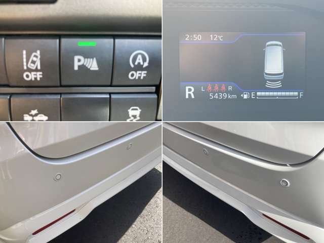 リヤバンパーに4つの超音波センサーを内蔵、車両後方にある障害物を検知。透明なガラスなども検知でき、コンビニの駐車場などでの衝突回避の後退時ブレーキサポートも搭載！