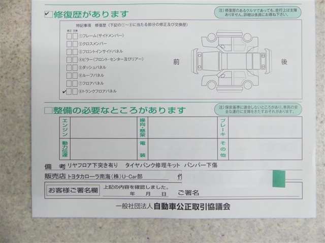 修復箇所を示したコンディションノート。