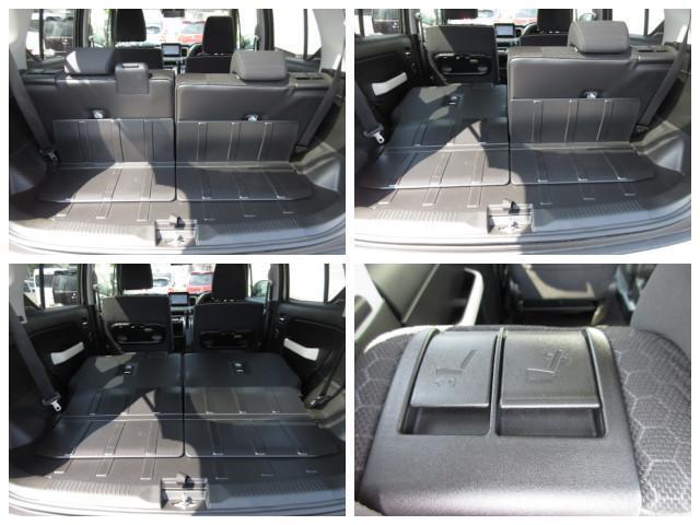 リヤシートは、荷室側からもワンタッチで折りたためる左右独立式。汚れなど拭き取りやすい素材でアウトドア仕様！