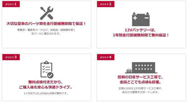 ワイド保証1年付　日産の販売店の中古車には、全車無料で「ワイド保証」が付いています。さらに、有料で「ワイド保証プレミアム」（延長保証）もご用意しております。