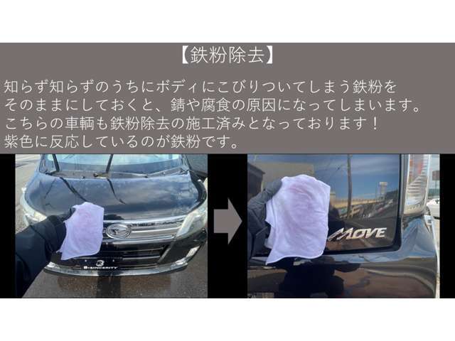 【鉄粉除去】　　　キレイに見えているボディには、鉄粉が多く付着していることが多いです。　鉄粉をこまめに除去しておかないと、ザビの原因になったり、ボディコーティングをしても効果が薄れてしまったりします。