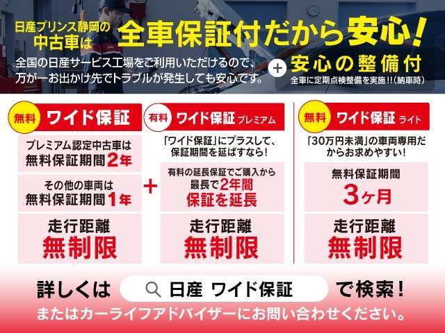 日産プリンス静岡の中古車は全車保証付きだから安心です。