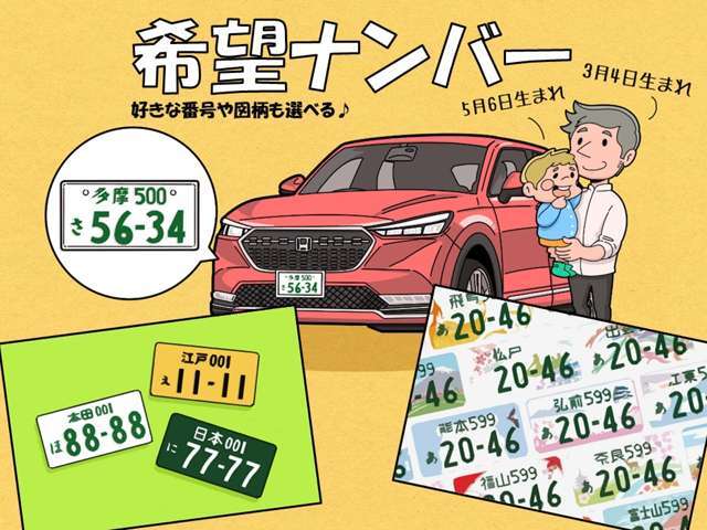 お好みの番号でナンバーが発行できます！今は番号をご指定頂くお客様がとても多いですよ！※地域・分類番号・平仮名はご指定できません。※図柄ナンバーは別途費用が追加となります。