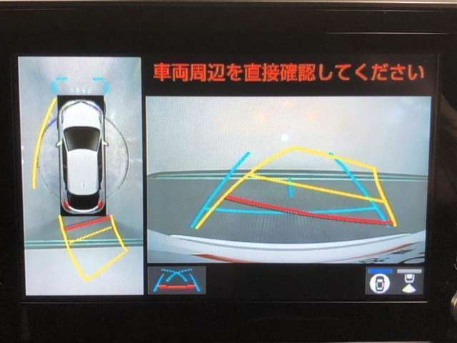 【パノラミックビューモニター】クルマの前後左右に搭載したカメラから取り込んだ画像を合成し、車両を上から見たような画像をディスプレイに表示します。