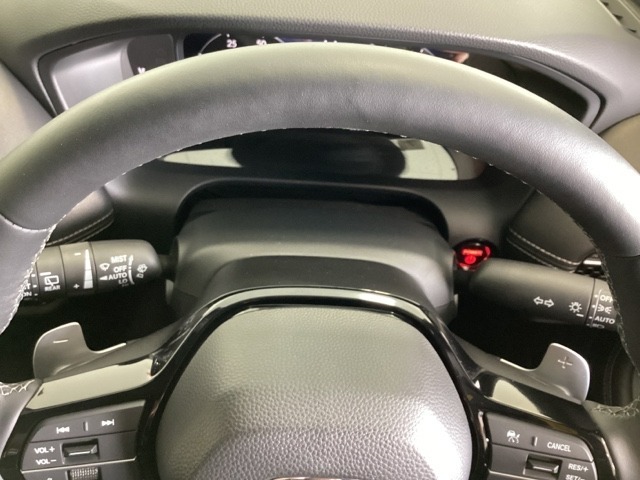 ステアリングホイール・後ろの減速セレクターは、左右に取り付けられた2つのパドルスイッチで減速の強さを調整。 左側の「-」を操作すると減速を強く、右側の「＋」を操作すると減速を弱くすることができます。