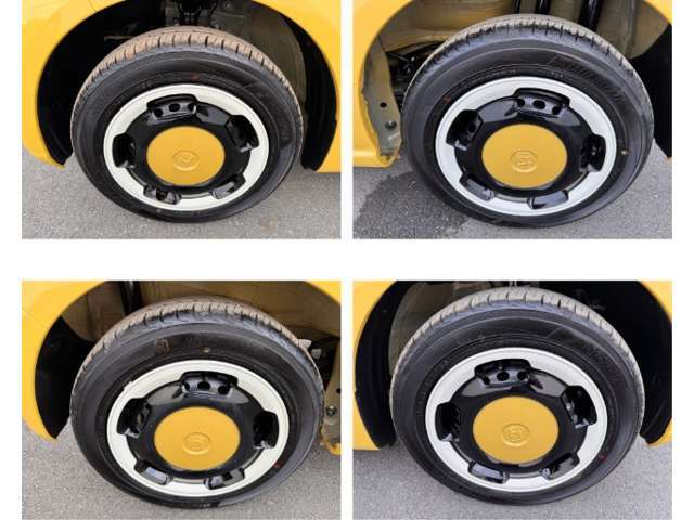 155/65R14サイズのタイヤを履いています。専用デザインのホイールカバーで足元が締まります。