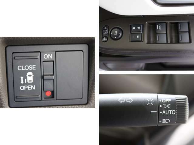 ドアスイッチパネルには電動格納ミラー・ミラーコントローラー、パワーウインドウ・ドアロック集中スイッチを配置、左側パワースライドドア、オートライトを装備しています。