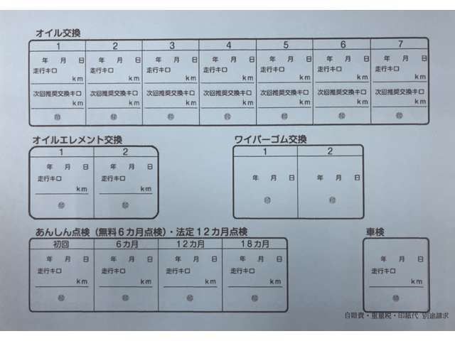 お得なメンテナンスパックの内容/オイル交換7回・オイルエレメント2回・ワイパーゴム交換2回・1ヶ月点検・6ヶ月点検・12ヶ月点検・18ヶ月点検・車検