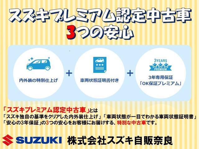 スズキプレミアム認定中古車とは「スズキ独自の基準をクリアした内外装仕上げ」「車両状態が一目でわかる車両状態証明書」「安心の3年保証」の3つの安心をお客様にお届けする、特別な中古車です。