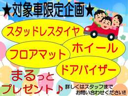 こちらのお車には新品スタッドレスタイヤ（当社指定国産メーカー）新品スチールホイール、純正ドアバイザー、純正フロアラバーマットサービスします。