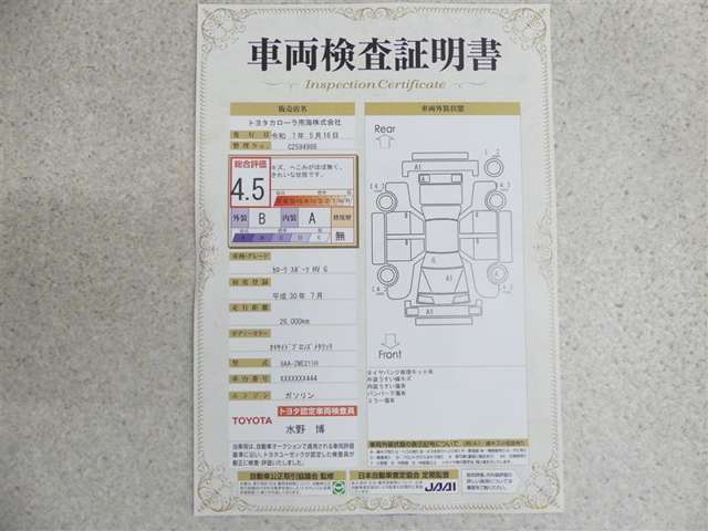 車両検査証明書付きです！だれでも中古車の状態がすぐにわかるよう、車のプロが客観的にチェック。車両の状態やわずかなキズも正確にお伝えします。