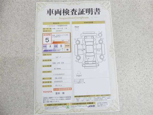 車両検査証明書付きです！だれでも中古車の状態がすぐにわかるよう、車のプロが客観的にチェック。車両の状態やわずかなキズも正確にお伝えします。