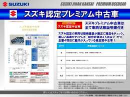 スズキ認定の車両状態検査員が厳正に商品をチェックした安心・信頼の車両状態証明書付です。プレミアム中古車は、厳しい基準をクリアした総合評価点4.5点以上且つ主要4項目に星印が入っている商品のみを厳選！