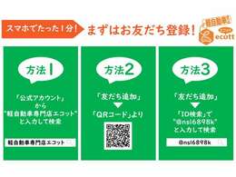 軽自動車専門店エコットでは、公式LINEのアカウントがあります！電話やメールでのお問い合わせが面倒だなというかたは、お気軽にLINEにてお車相談を受け付けております！是非ご利用ください！営業担当森村まで！