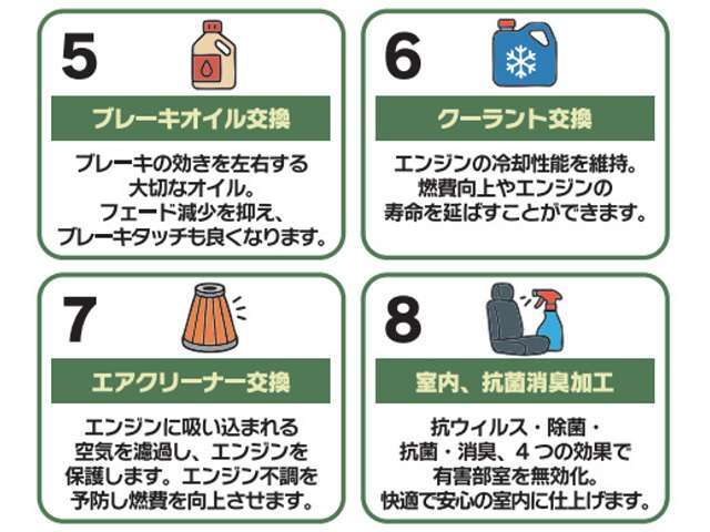 〇ブレーキオイル交換(定価：7,150円)〇クーラント交換(定価：7,920円)〇エアエレメント交換(定価：4,290円)〇室内抗菌消臭加工