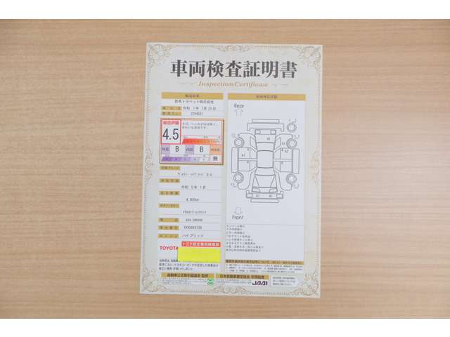 【車両検査証明書】店頭にてクルマの状態が一目で分かる検査証明書を公開中。トヨタ認定検査員が厳しく査定し、状態を点数と図解で表示しています。修復歴はもちろん、傷やヘコミの箇所や程度がご確認いただけます。